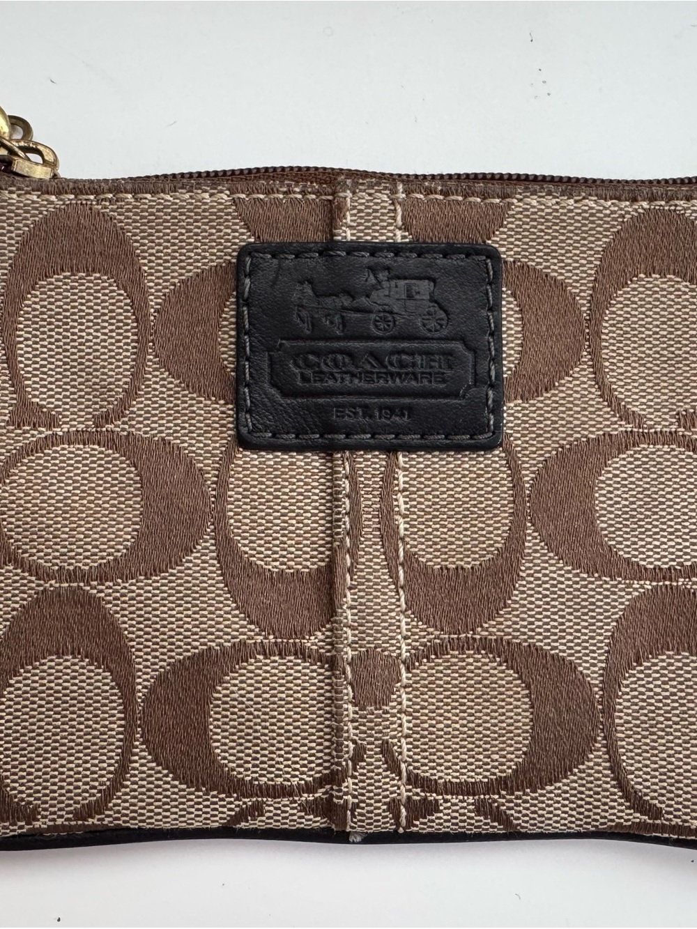 Coach Brown Signature Canvas Wristlet Pouch with Black Leather Patch